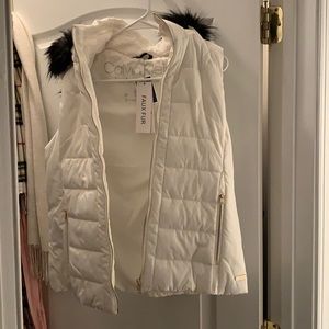 Calvin Klein white puffer vest, black faux fur on hood